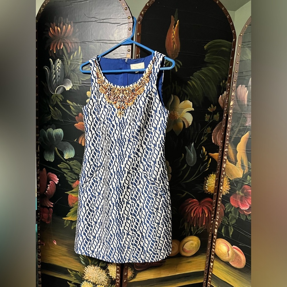 MOULINETTE SOEURS Anthropologie Blue Geometric Wooden Beads Sleeveless Dress NWT